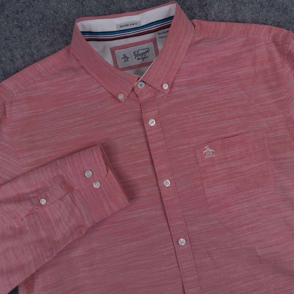 Original Penguin Button Up Shirt Mens XL Salmon Pink Heritage Slim Fit Long Slv